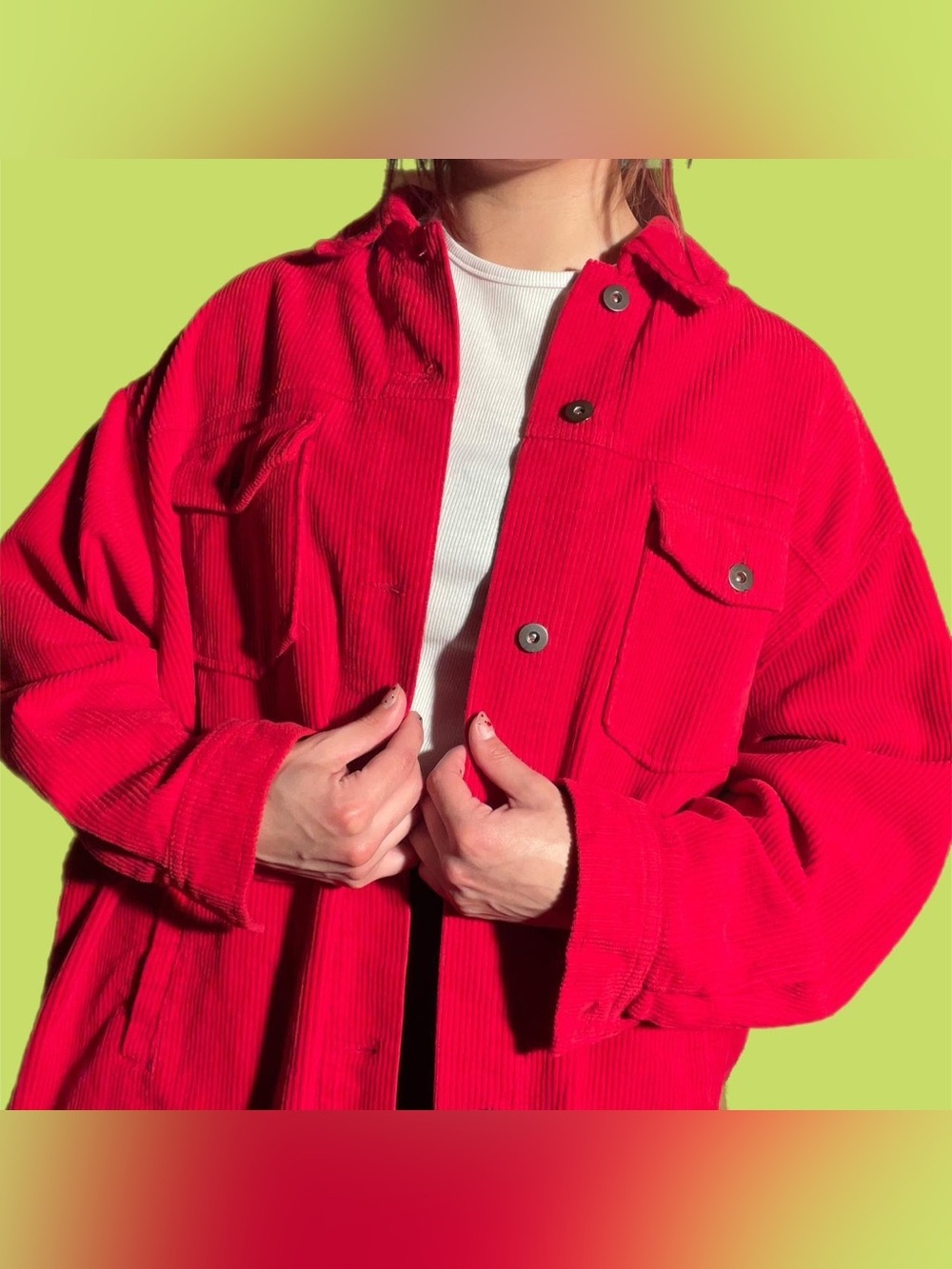 ZARA Red Corduroy Oversized Shacket Jacket Raw Hem XS